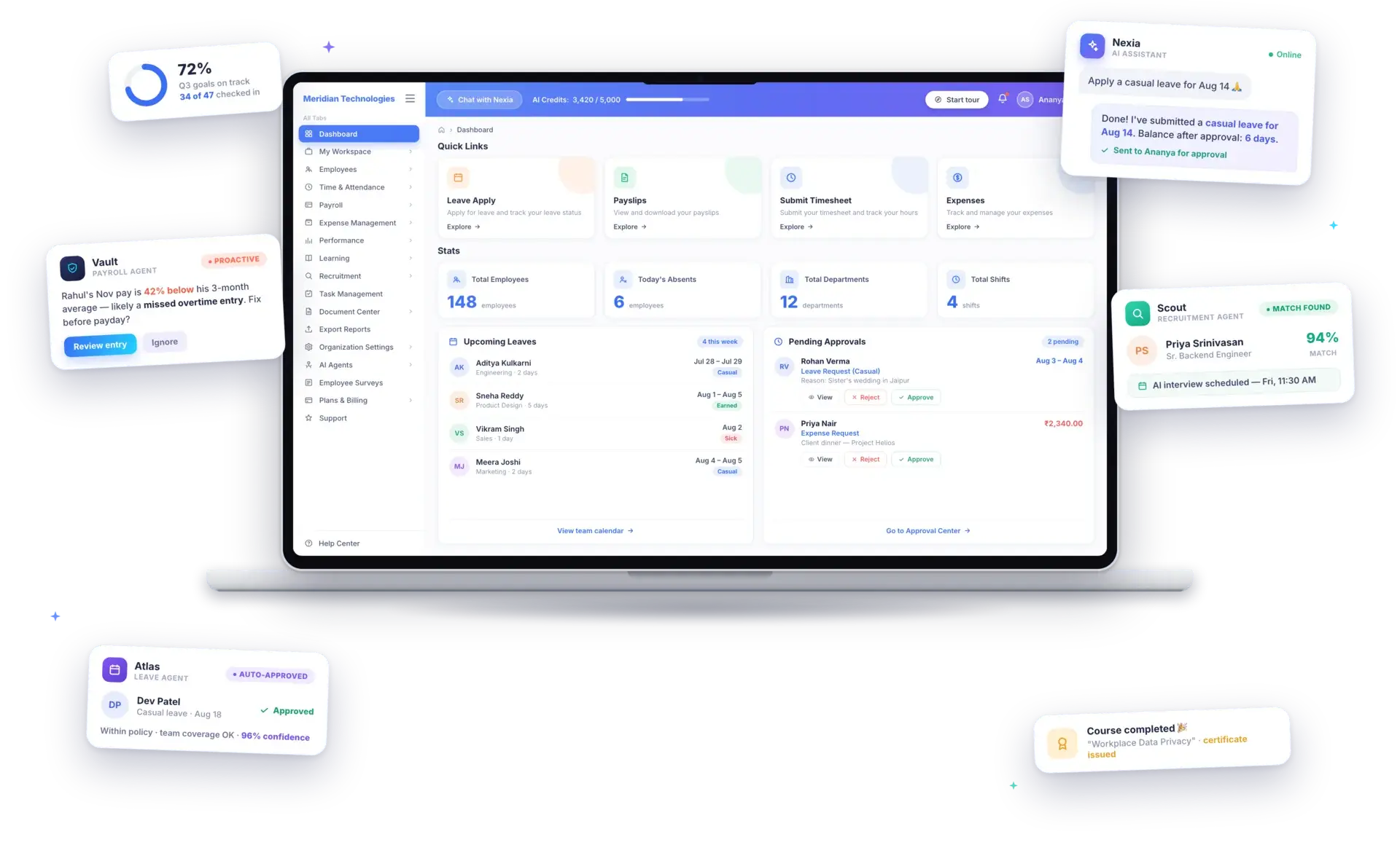 EnrollVerse AI-native HR dashboard with agents Nexia, Vault, Scout and Atlas