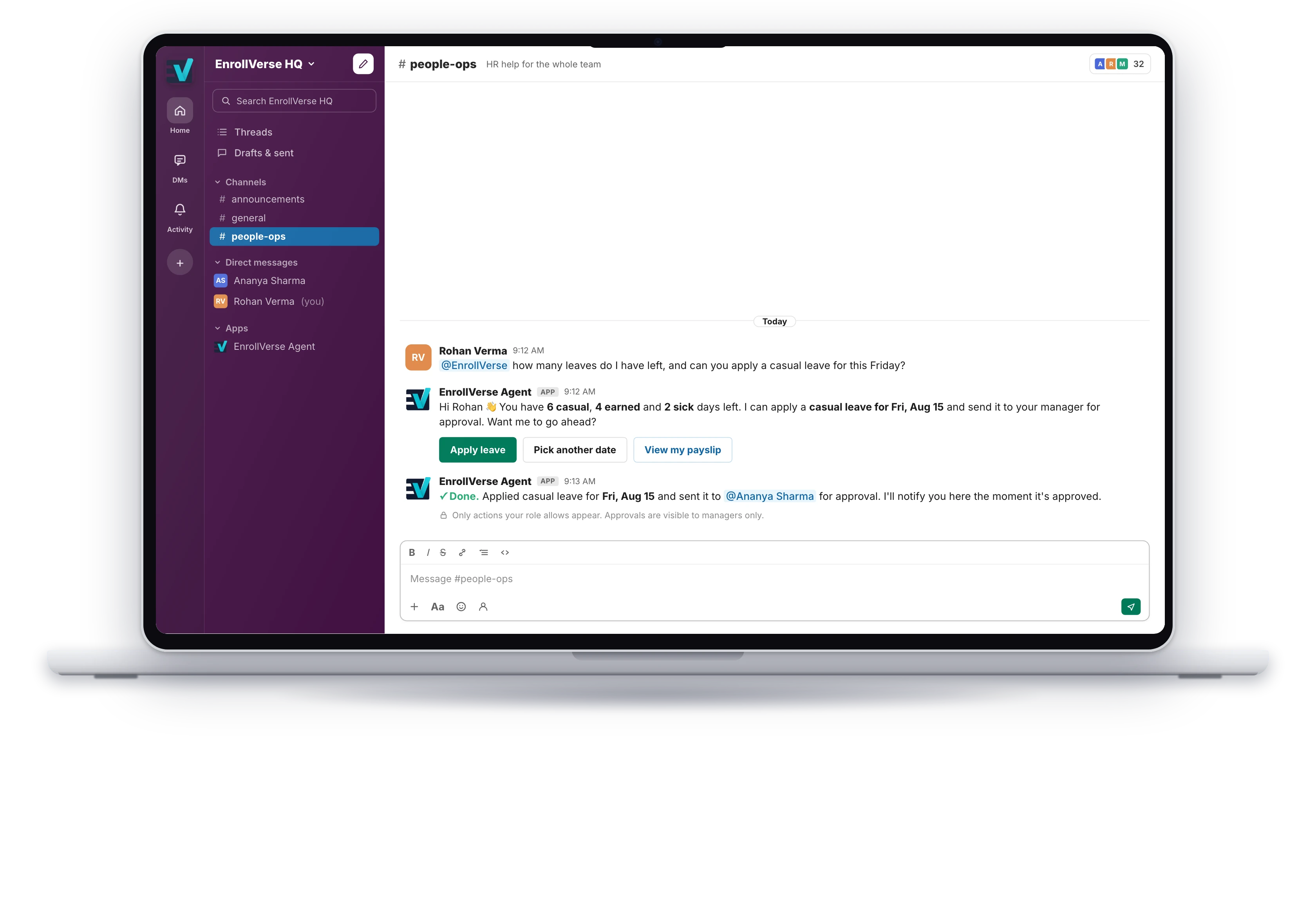 EnrollVerse agent working inside Slack in a laptop